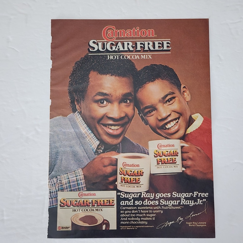 Vintage 1985 Sugar Ray Leonard Carnation Hot Cocoa Print Ad Clipping 8x11